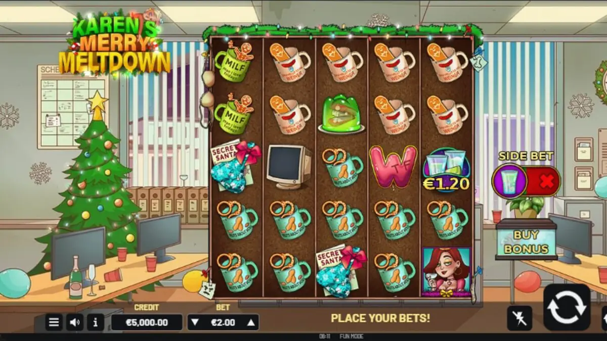 Interface do slot Karen’s Merry Meltdown com tema de festa corporativa de Natal