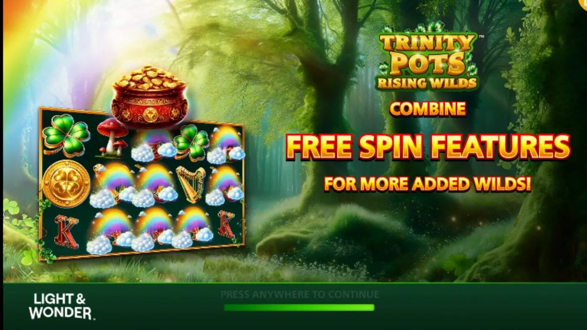 Interface do jogo Trinity Pots Rising Wilds em um dispositivo móvel mostrando potes de ouro e trevos.